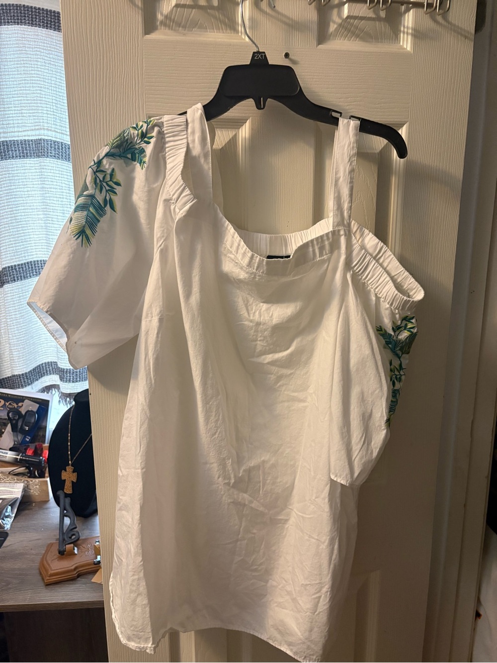 Kaari Blue White Cold-Shoulder Top with Green Leaf Embroidery